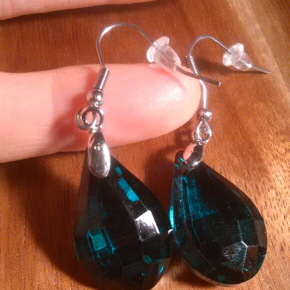 Green Glass Silvertone and Stainless Steel Drop Earrings - Picture 2 of 15